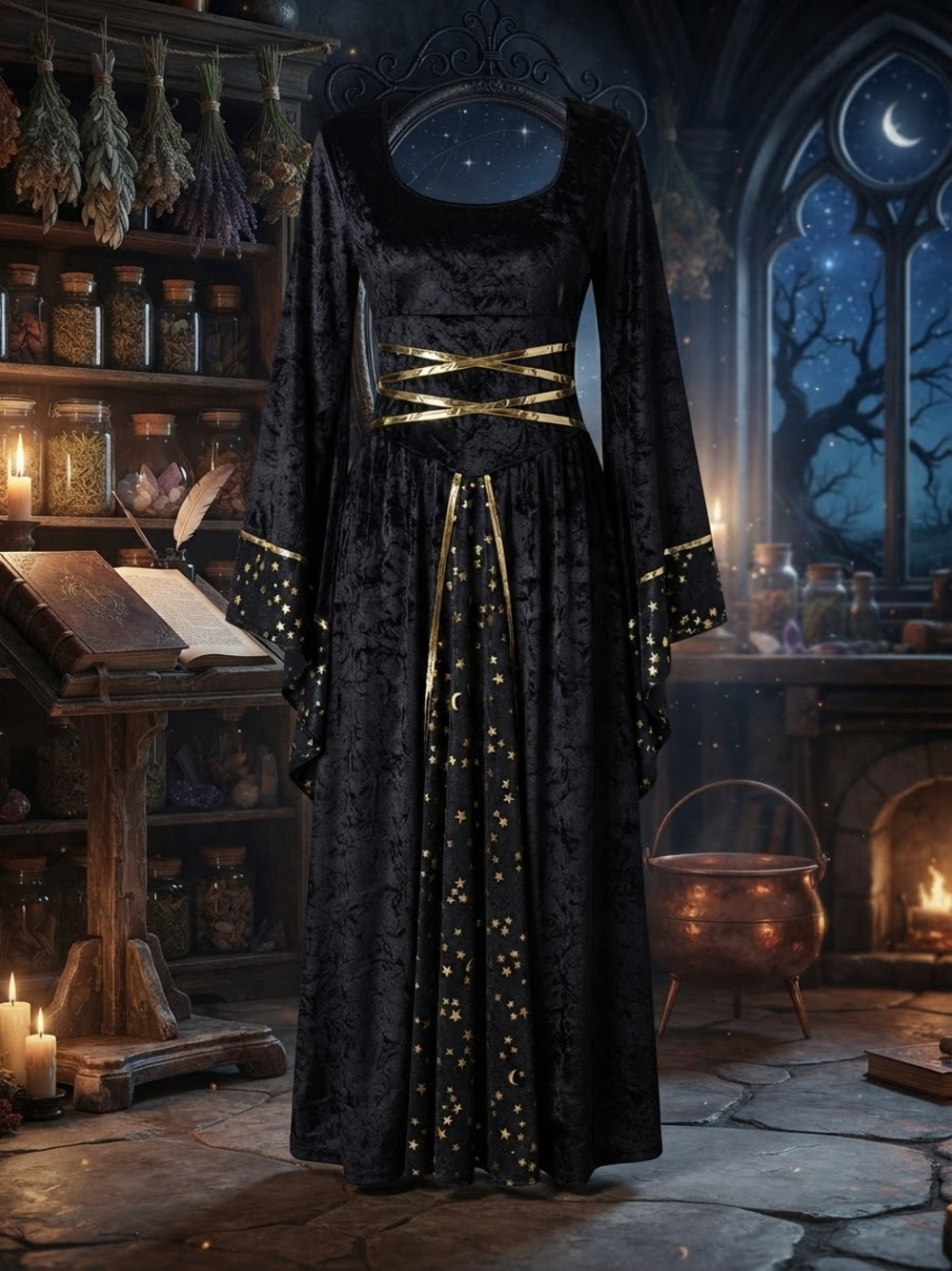 Source Unknown Black Maxi Dress with Gold Celestial Details